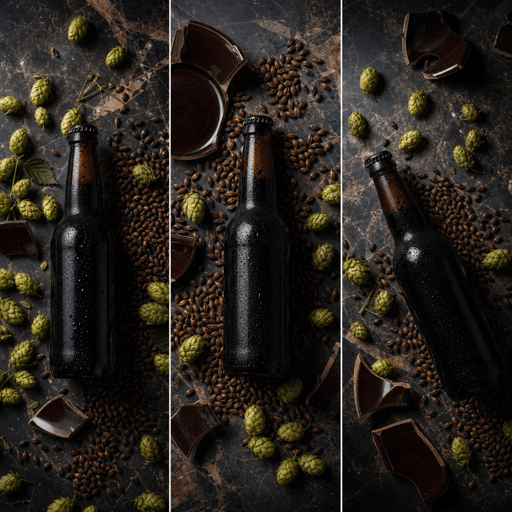 Three-panel flat-lay of a dark craft beer bottle on a polished stone surface, surrounded by color-matched hops cones, ro