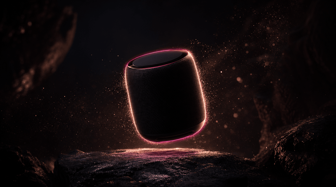 Abstract cinematic visualization: a product silhouette lifted from a flat surface and composited into a richly-lit real-