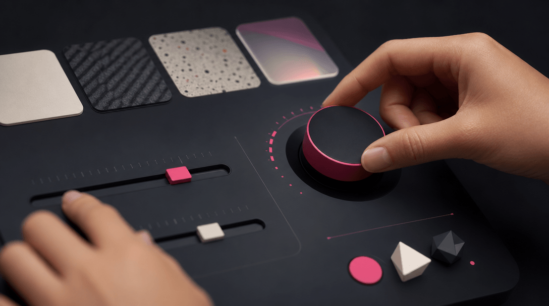 Close-up of hands engaging with minimalist controls and sliders on dark background. Soft studio lighting on hands. Abstr