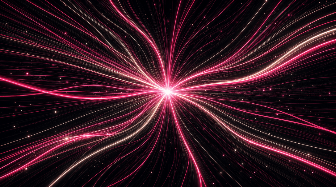 Abstract data stream visualization in deep space: dozens of thin luminous filaments in warm white and hot pink #FE28A7 c