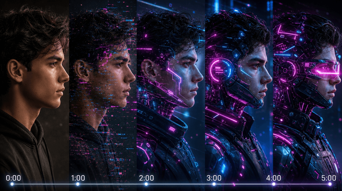 Portrait gradually transforming with flowing neon glow and digital glitch effects cascading across face, cyberpunk styli