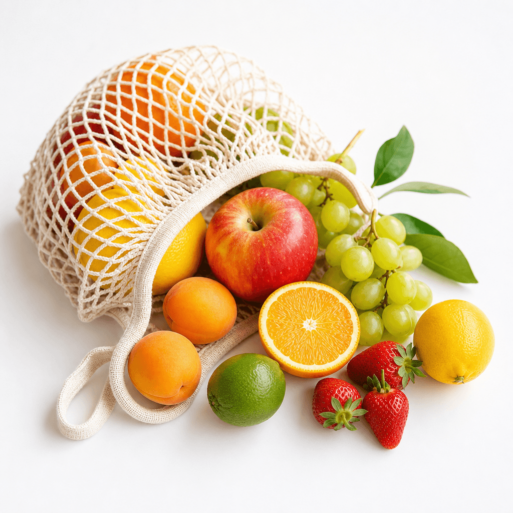 An artistic arrangement of a string bag with fruits spilling out, set against a clean, white background. This shot shoul