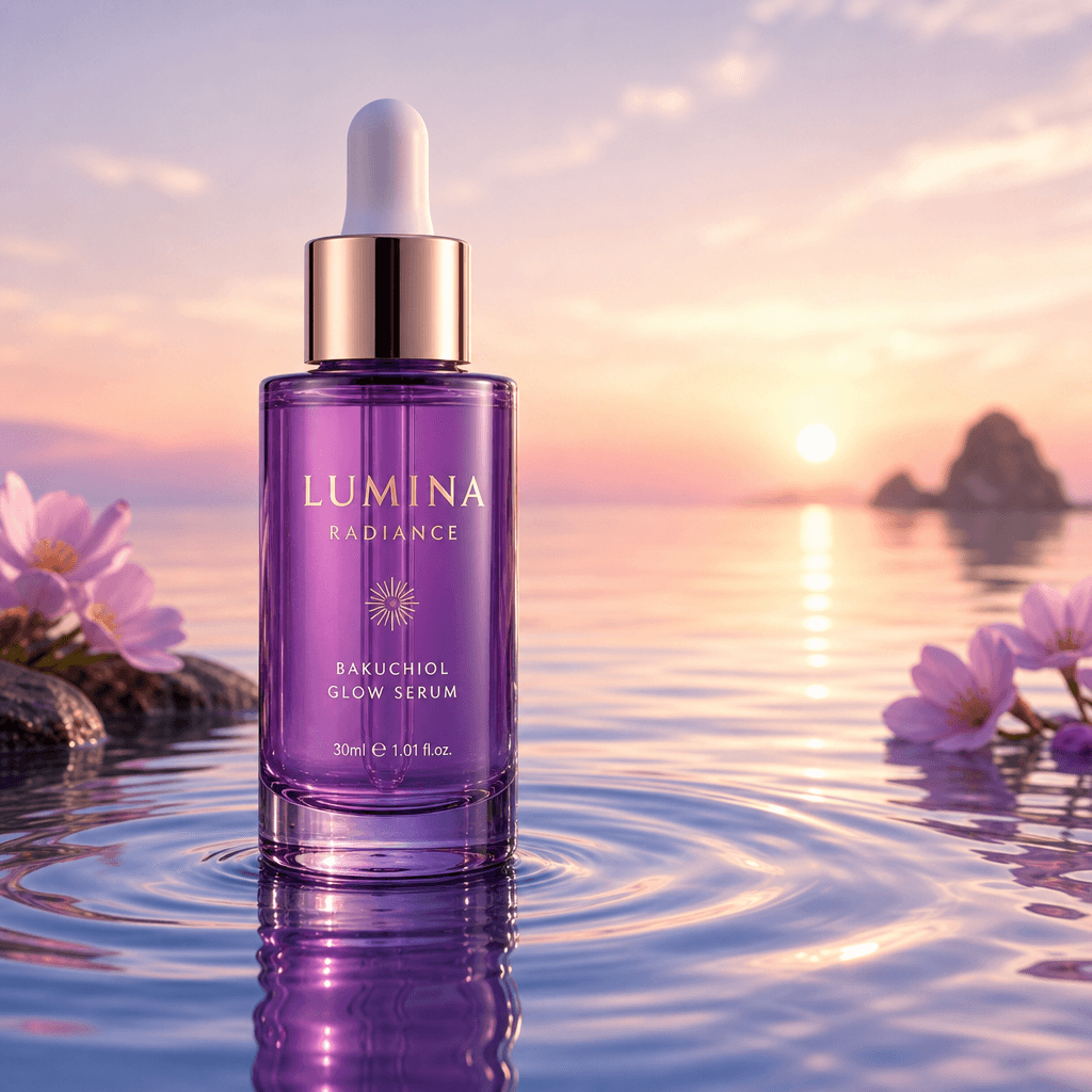 A beauty serum bottle resting on a reflective water surface with gentle ripples, showcasing its sleek design and vibrant