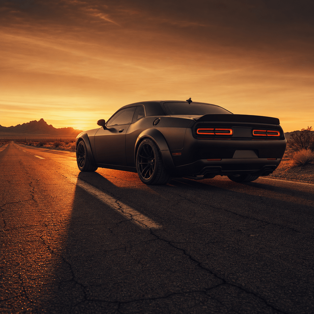 Editorial automotive square image: matte black muscle car on an empty desert highway at golden hour, long dramatic shado