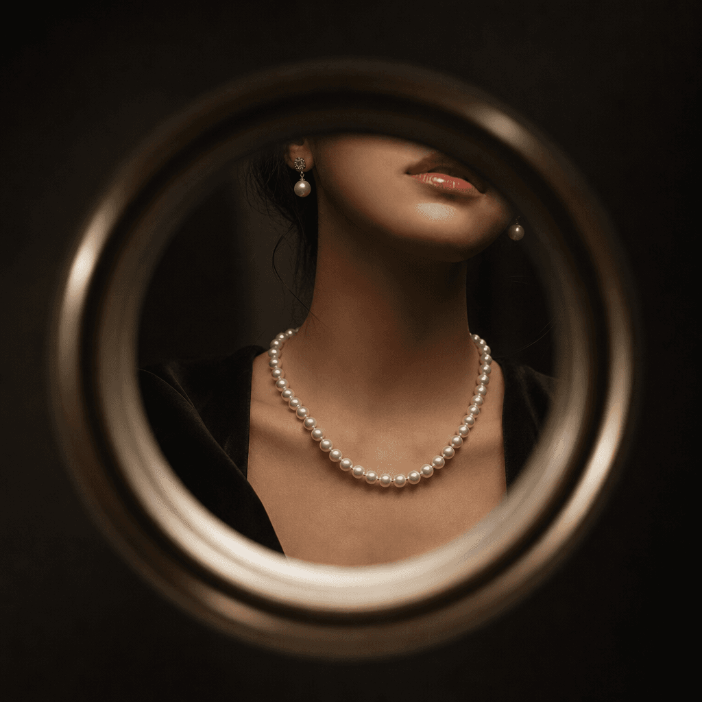 Pearl necklace and matching earrings through circular peephole lens, dark editorial background, sophisticated jewelry st
