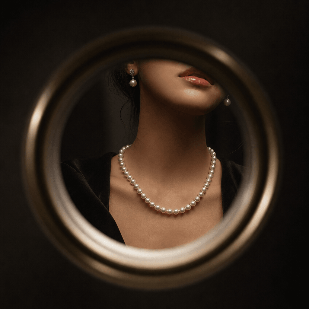 Pearl necklace and matching earrings through circular peephole lens, dark editorial background, sophisticated jewelry st