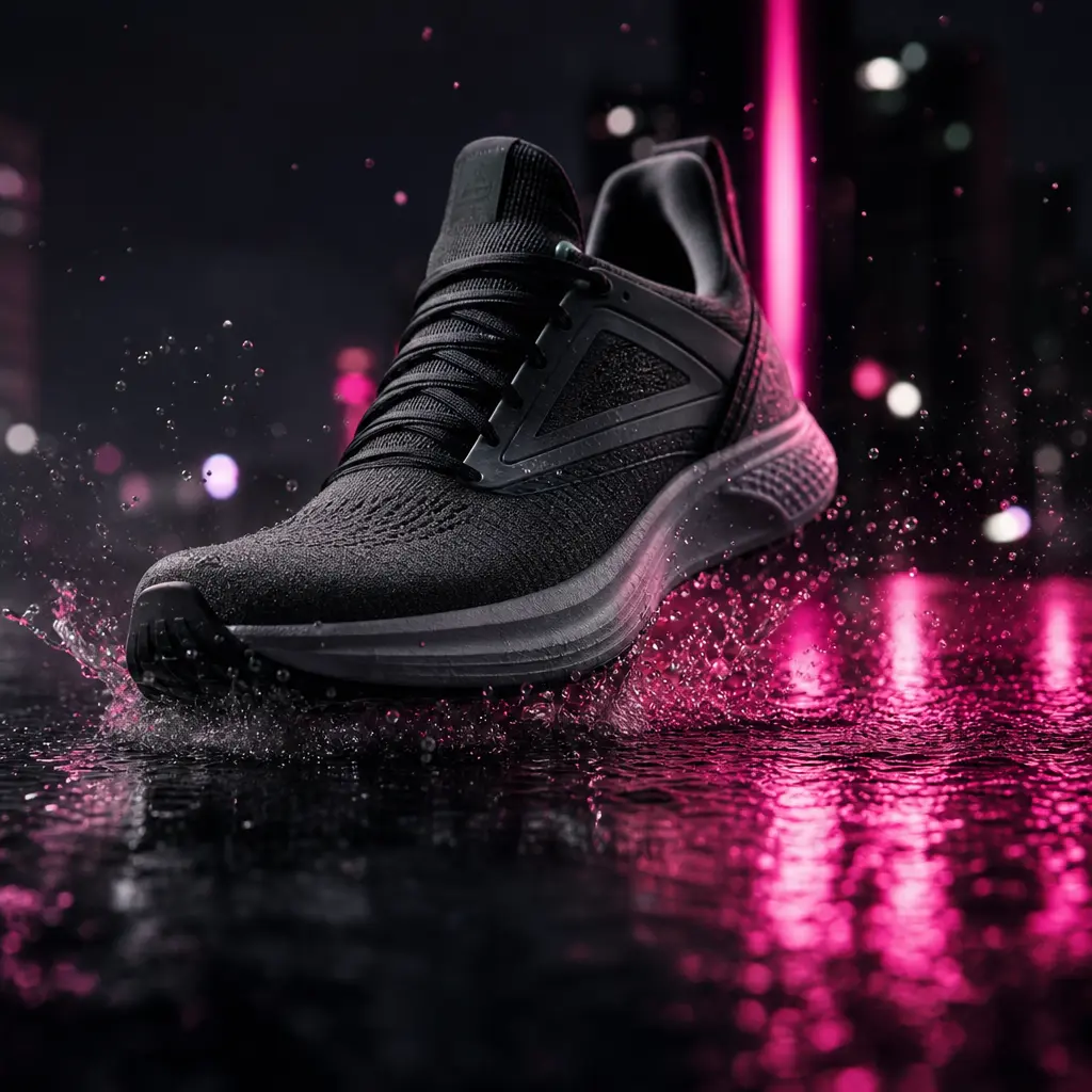 A modern running shoe landing on a wet city street at night, droplets frozen in the air, hot pink reflections cutting ac