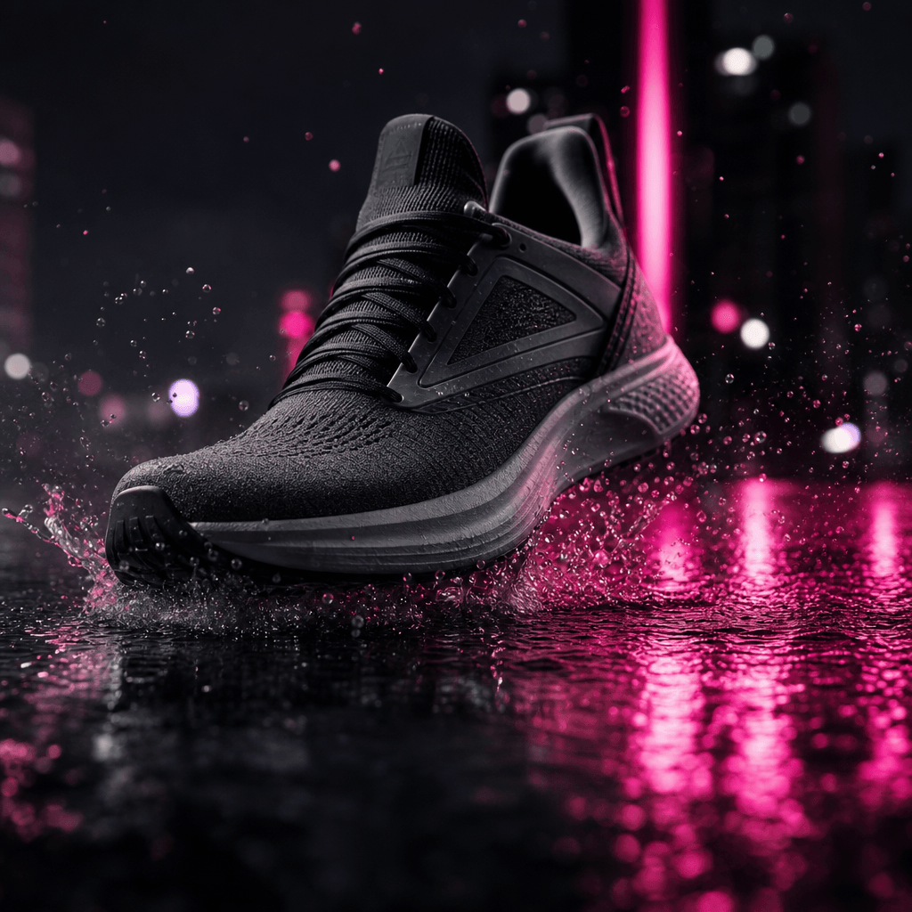 A modern running shoe landing on a wet city street at night, droplets frozen in the air, hot pink reflections cutting ac