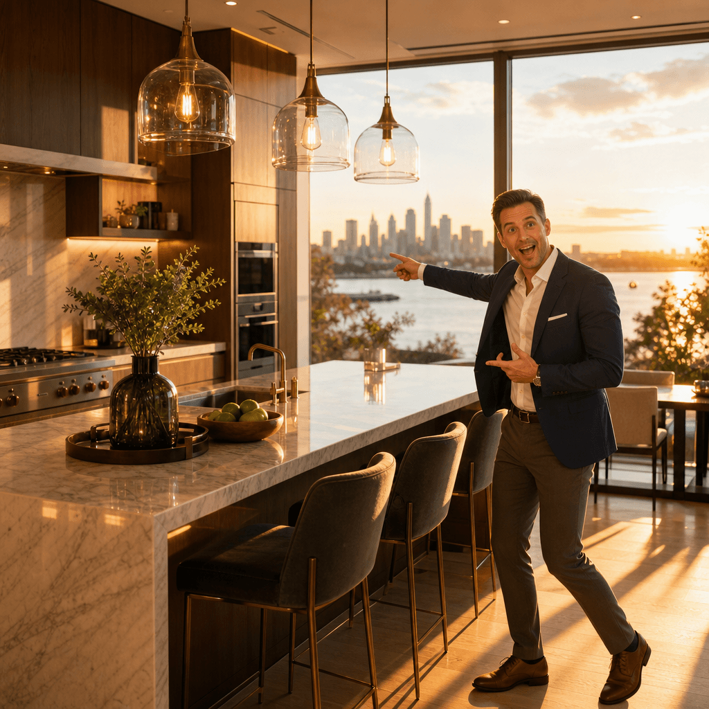 Luxury kitchen bathed in golden hour sunlight through floor-to-ceiling windows, sleek modern cabinetry, one figure in bu