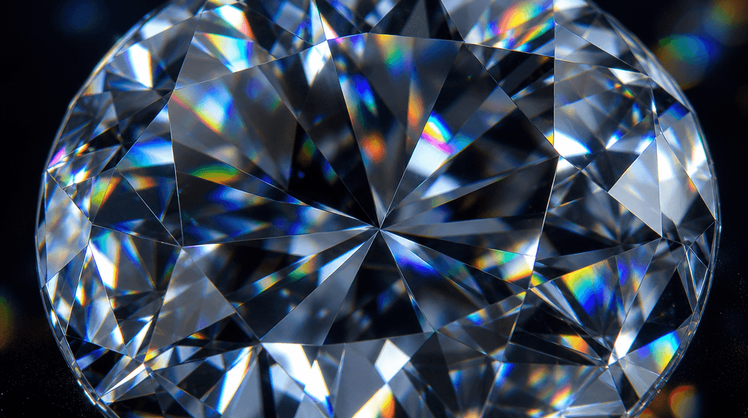 Extreme macro of a brilliant-cut diamond almost filling the entire frame. Each triangular facet refracts light into dist