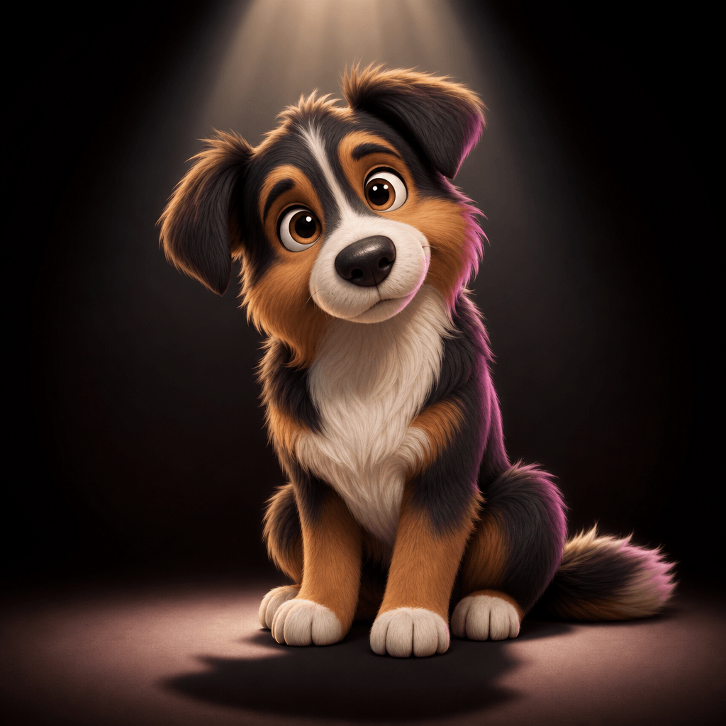 A charming original dog portrait rendered as a polished soft 3D cartoon character, sitting beneath a focused studio spot