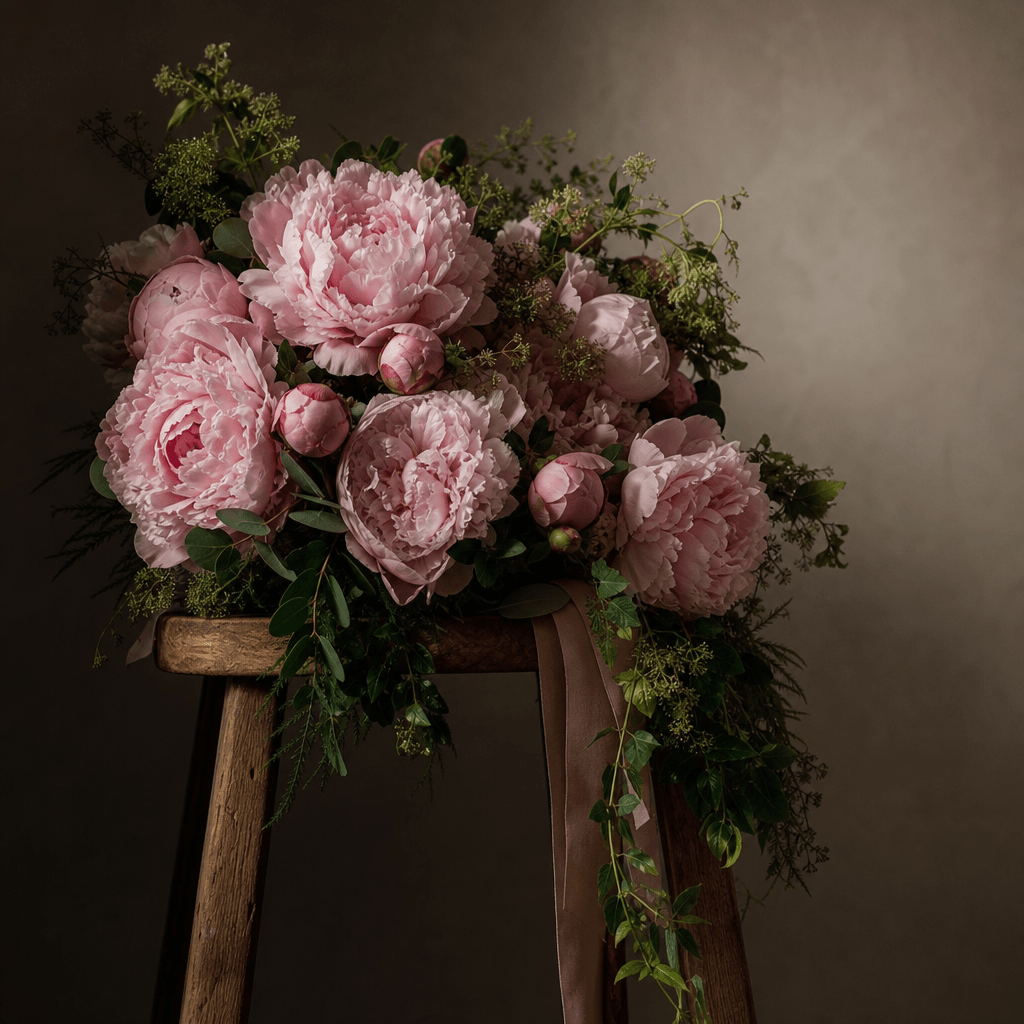 A romantic garden bouquet of pale pink peonies and trailing greenery arranged on a simple oak stool, dark editorial phot