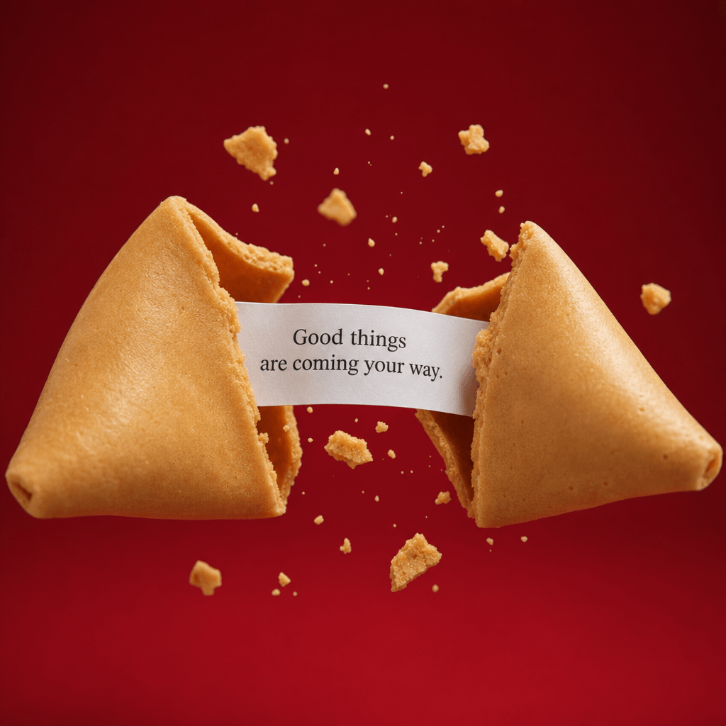 Fortune cookie breaking open with message visible, animation freeze frame, high-quality production.