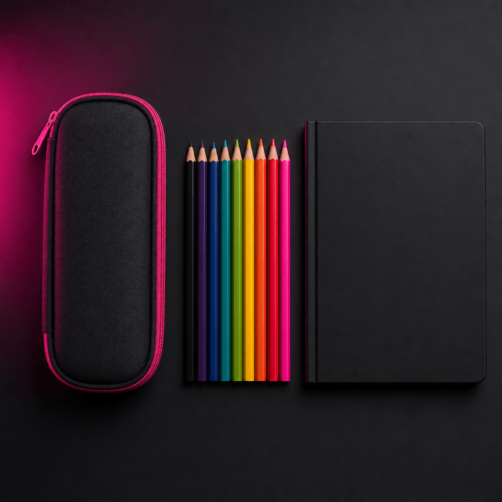 Dark studio flat-lay of school supplies — a pristine pencil case, a set of colored pencils, and a blank hardcover notebo