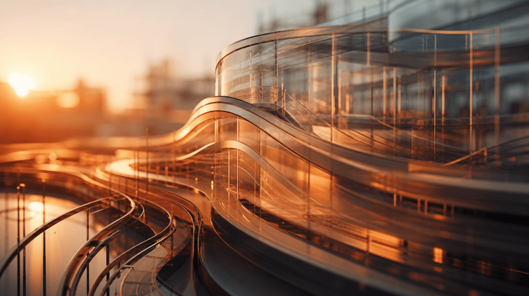 Cinematic abstract visualization of construction elements blending in smooth progressive motion, warm sunset lighting cr