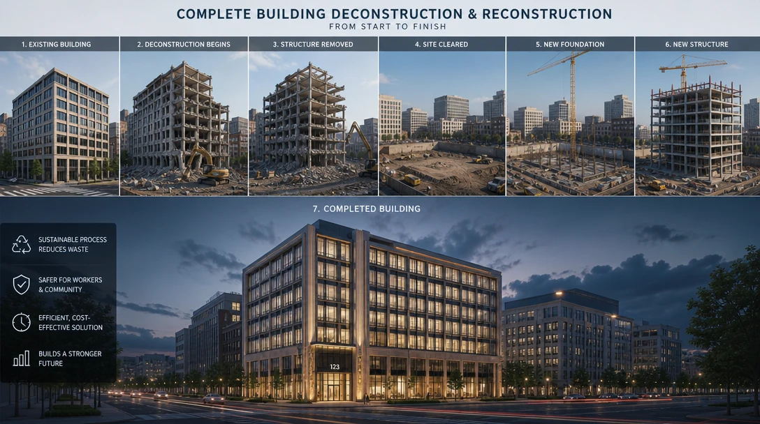 Complete building deconstruction and reconstruction, broadcast quality, professional architecture visualization.