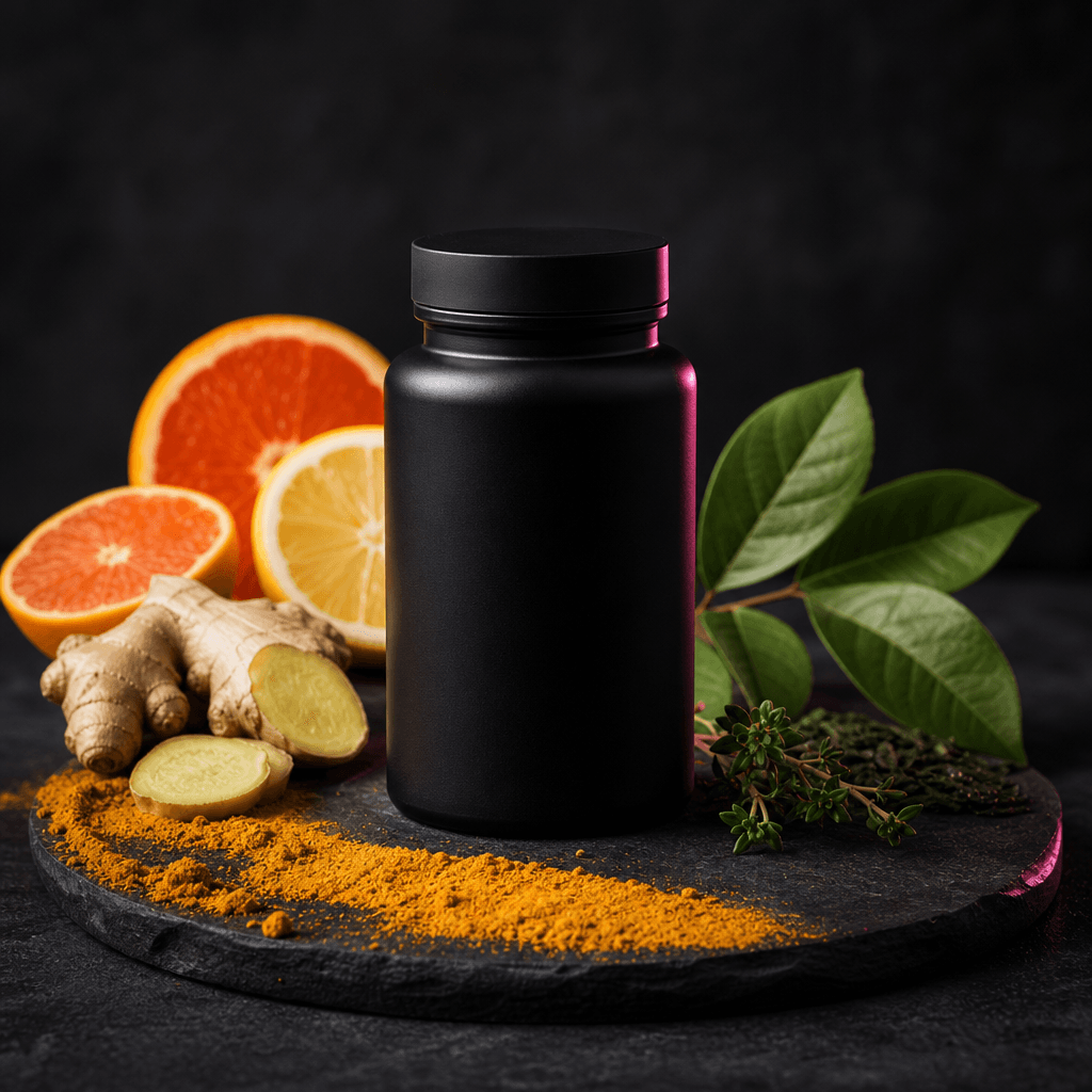 Minimal wellness supplement bottle staged with sliced citrus, ginger, herbal leaves, and a measured arc of golden powder