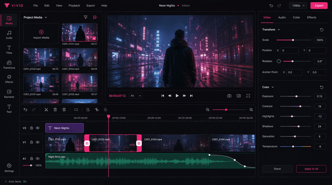 Dark mode video timeline editor mockup showing video clips, trim handles, and adjustment sliders. Hot pink highlight acc
