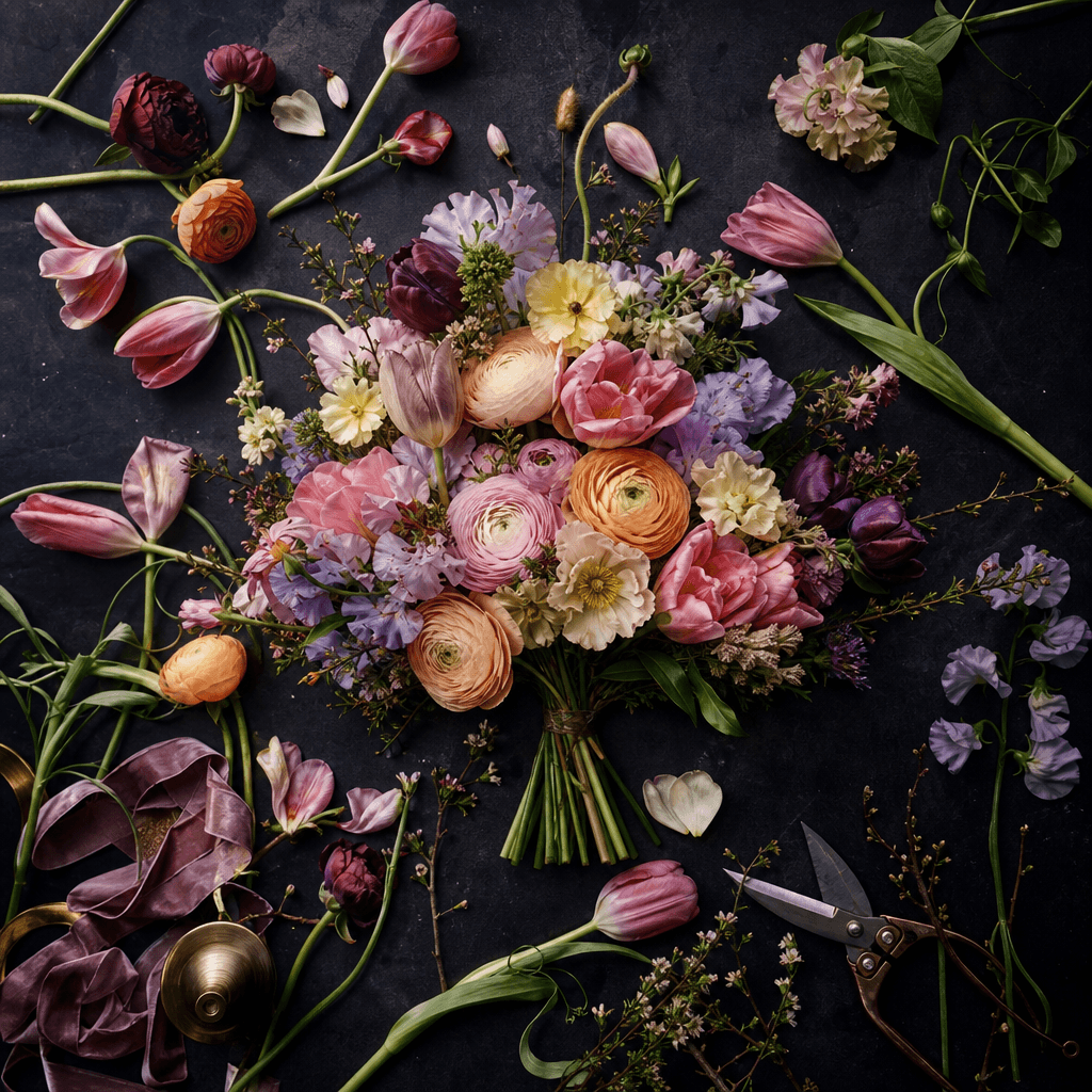 Overhead square composition of an abundant spring bouquet under construction, scattered tulips, ranunculus, sweet peas,