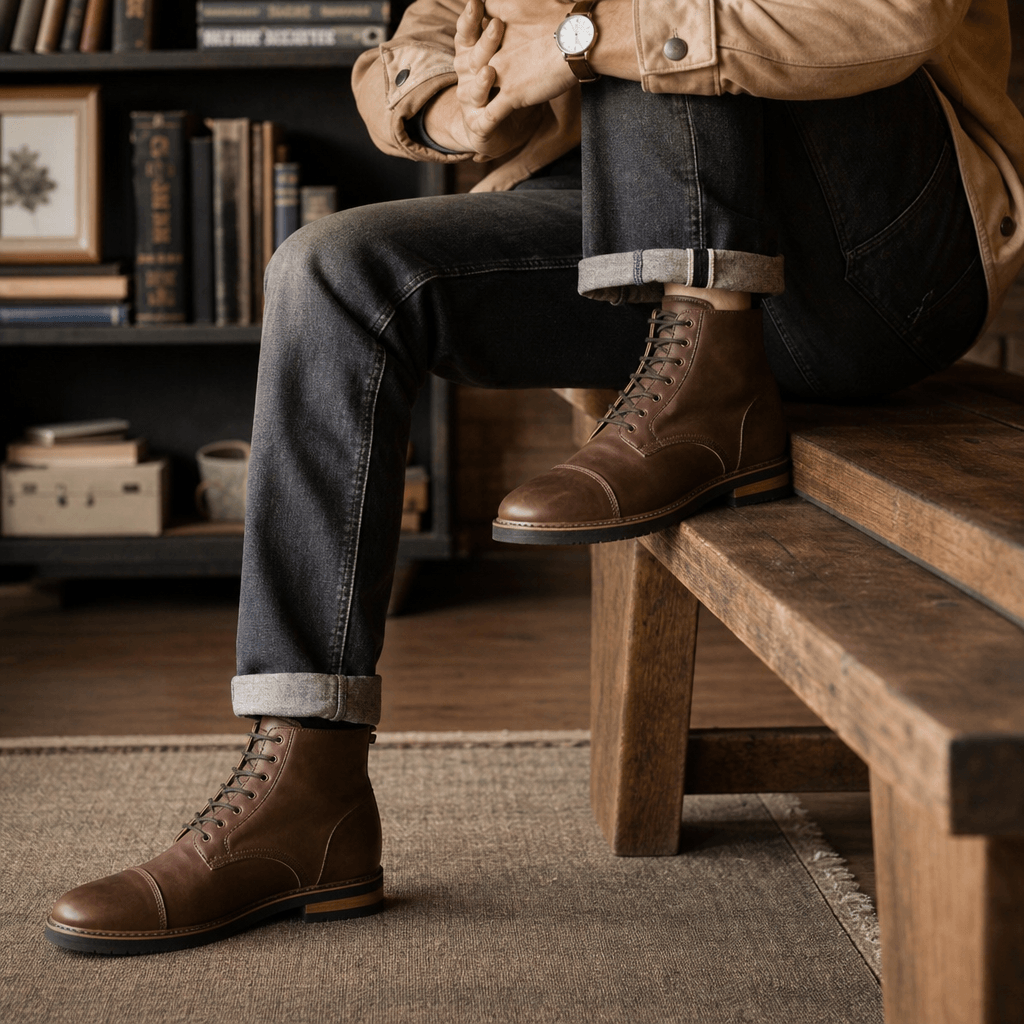 Brown leather boot on feet sitting on wooden bench, casual lifestyle shot. Warm natural lighting, relaxed pose, comforta