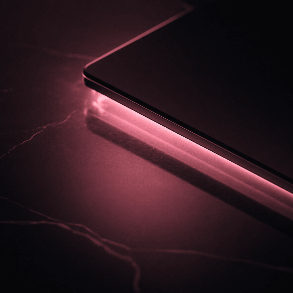 Dark editorial flat lay: a glowing device casting soft pink light onto a polished near-black reflective surface. Abstrac