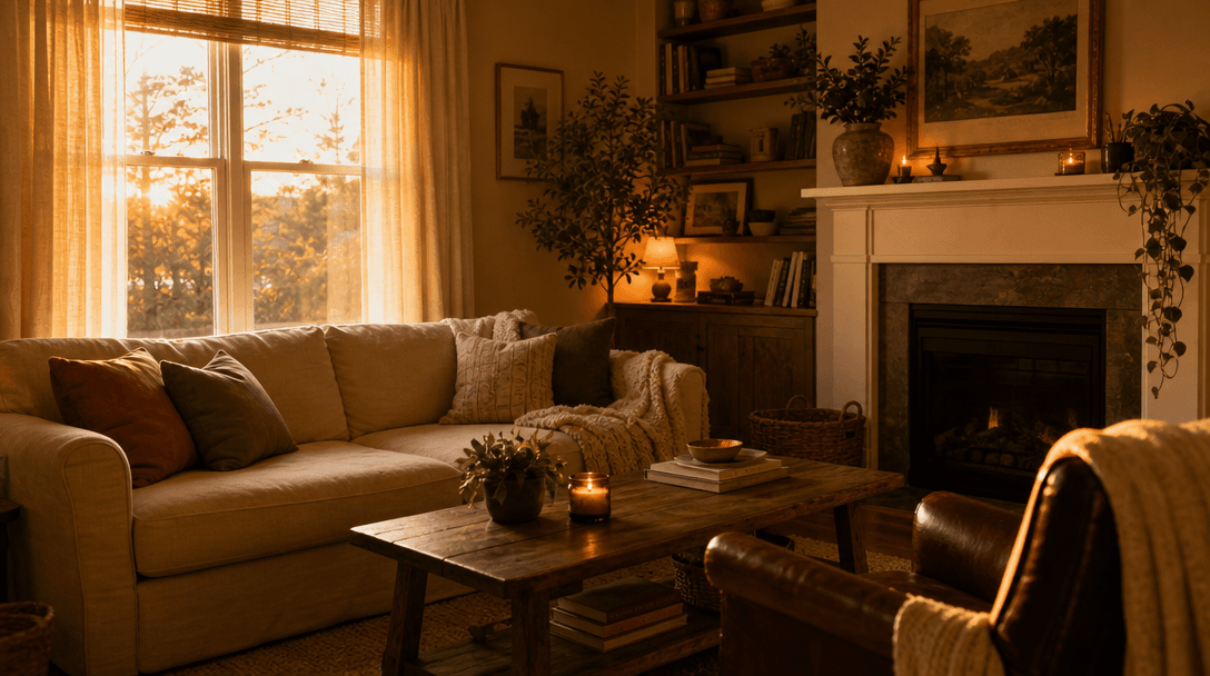Warm cozy interior lighting. Golden hour light streaming through window, warm amber tones, soft shadows. Inviting atmosp