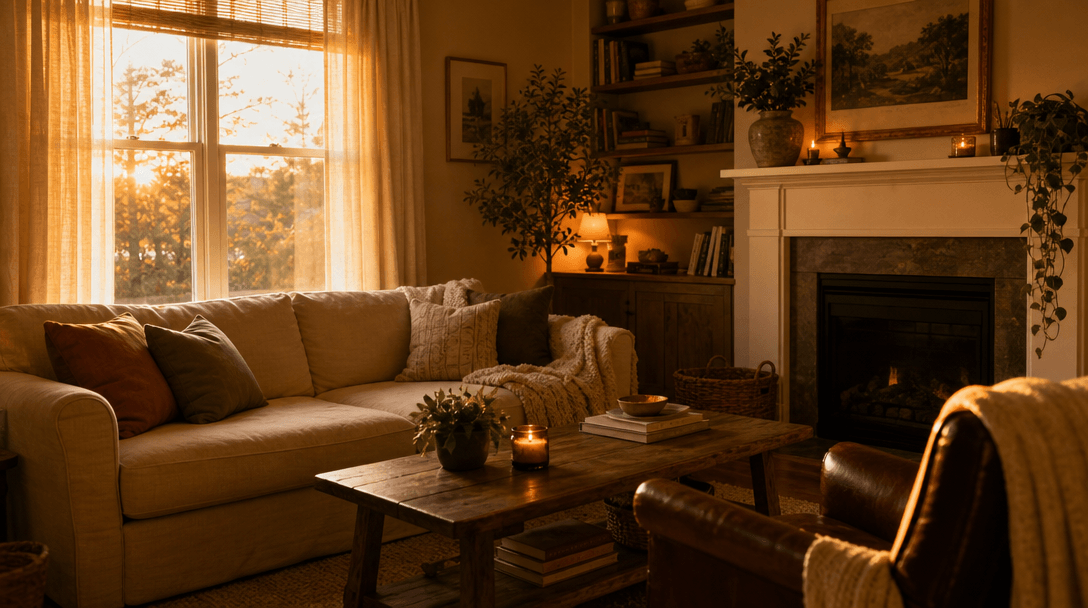 Warm cozy interior lighting. Golden hour light streaming through window, warm amber tones, soft shadows. Inviting atmosp
