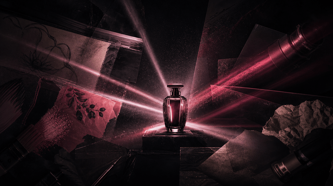 Multiple beams of cinematic light converge on a single elegant product silhouette surrounded by film grain, motion trail
