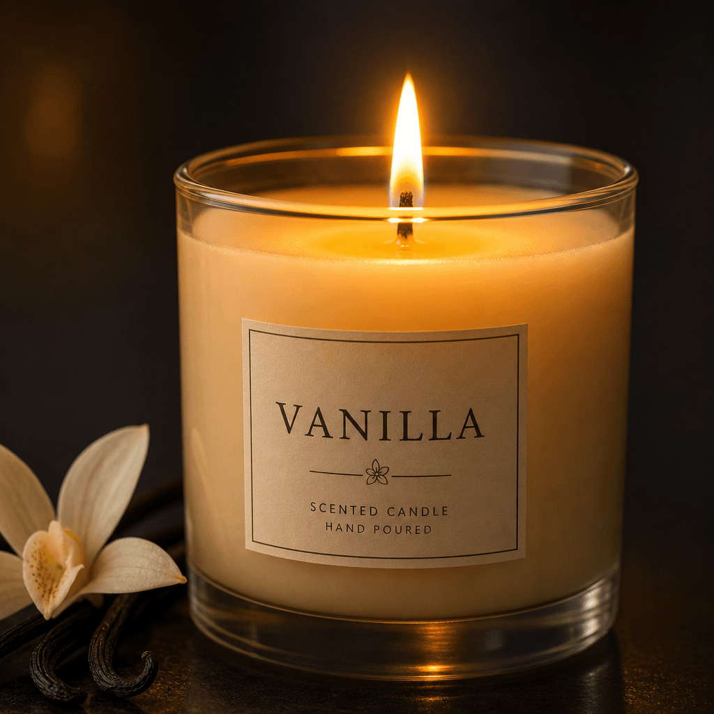 Close-up of a lit vanilla candle with golden glow and flame detail, warm lighting, dark background, professional product