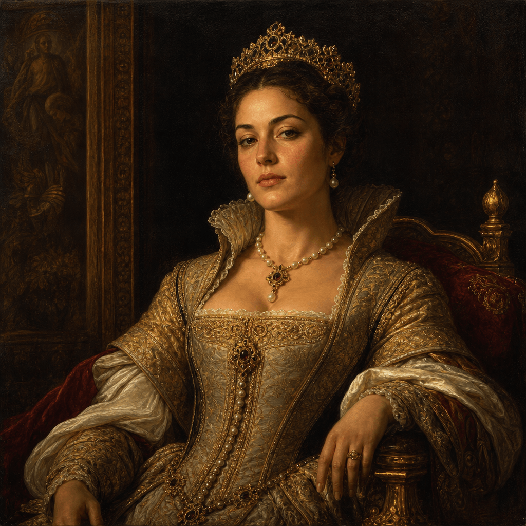 Renaissance royal portrait, elegant woman in gilded tiara and elaborate silk gown, classical oil painting texture, rich