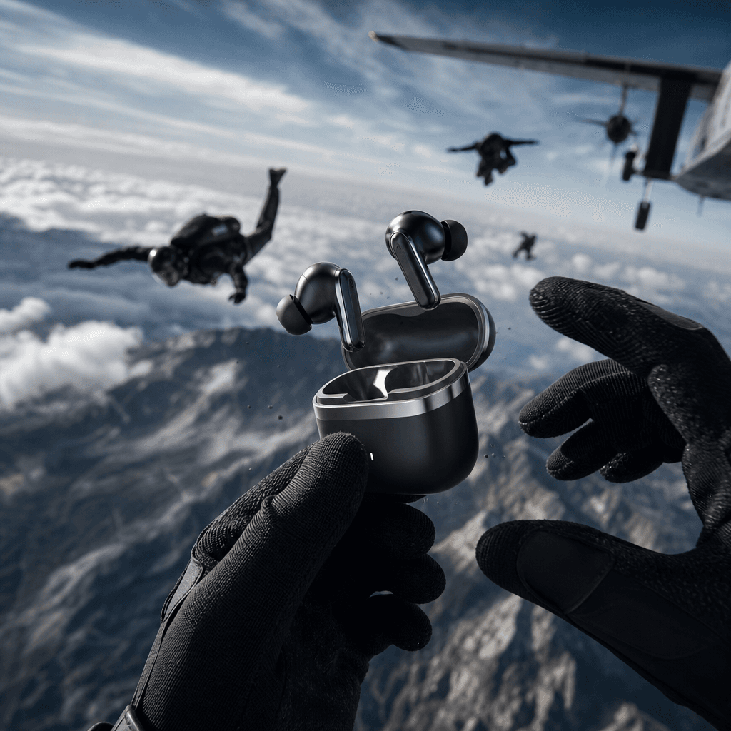 A compact pair of wireless headphones emerging from an open charging case during high-altitude freefall, gloved hands st