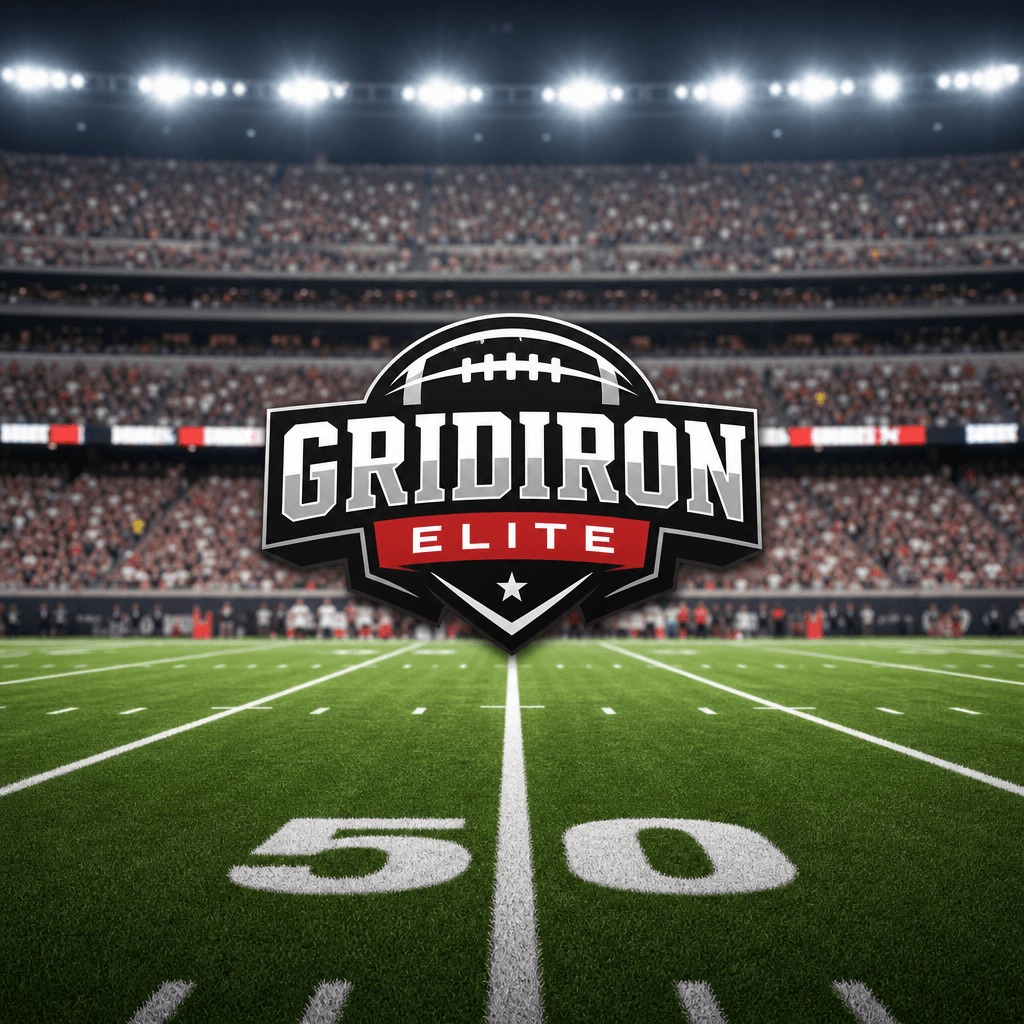 Crowded stadium seats blurred in background with sharp football field lines in focus. Brand logo prominent at center wit