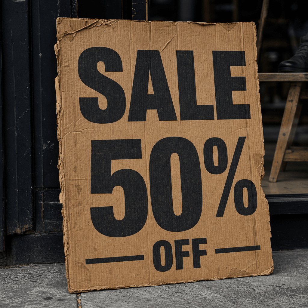 Bold cardboard sign reading 'SALE 50% OFF', black printed text on brown weathered cardboard, urban street style, authent