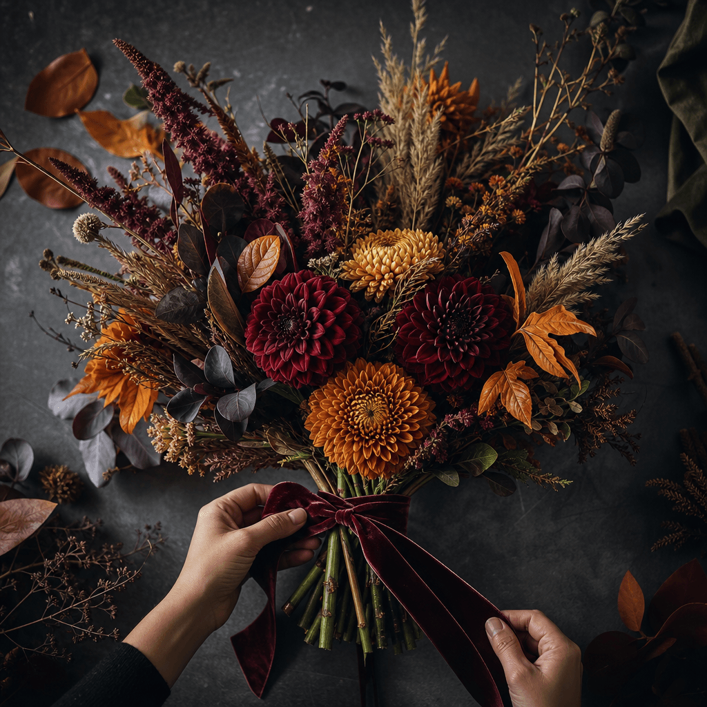 Rich autumn bouquet of burgundy dahlias, amber chrysanthemums, dried grasses, and dark foliage being tied with velvet ri