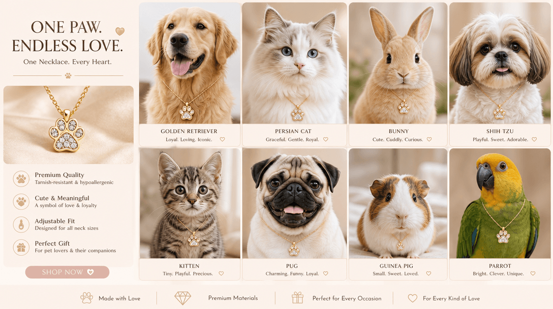 Multiple cute pets displayed with jewelry, diverse animals showcasing same product, variety and engagement concept, cata
