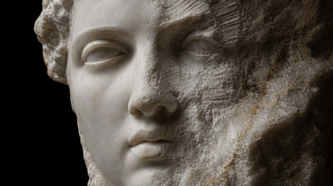 Extreme close-up of a realistic marble face emerging from a rough stone block, one half finely carved and recognizable,