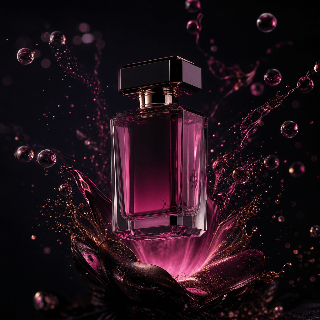 A luxury fragrance bottle suspended above a liquid molecular bloom, transparent spheres and fine aromatic particles spir