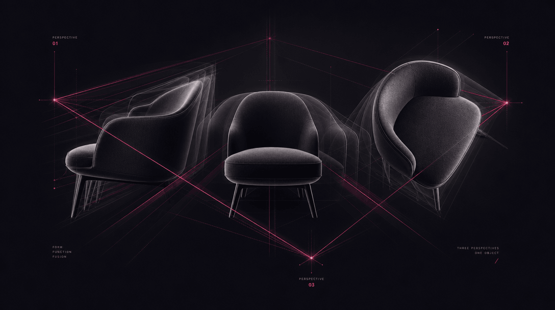 Abstract three-perspective geometry visualization with three overlapping product silhouettes, premium gradient dark back