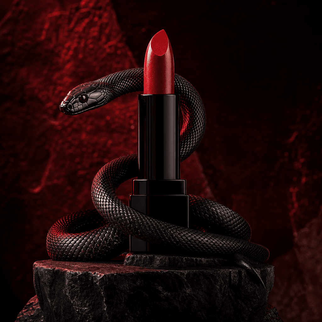 A ruby-red lipstick in a lacquered black case encircled by a sleek dark snake, cinematic studio lighting, rich crimson h