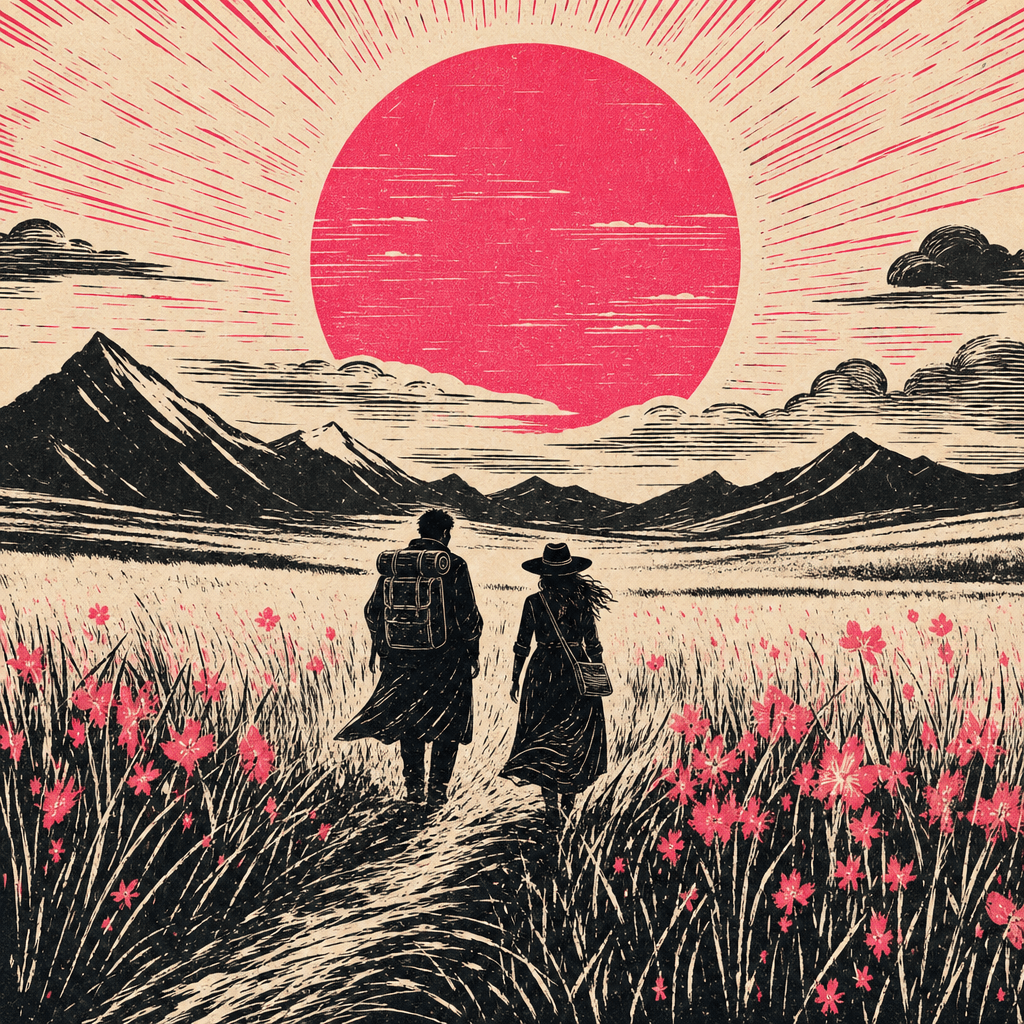 A richly textured linocut-inspired illustration of two travelers crossing an immense field beneath an oversized sun, usi