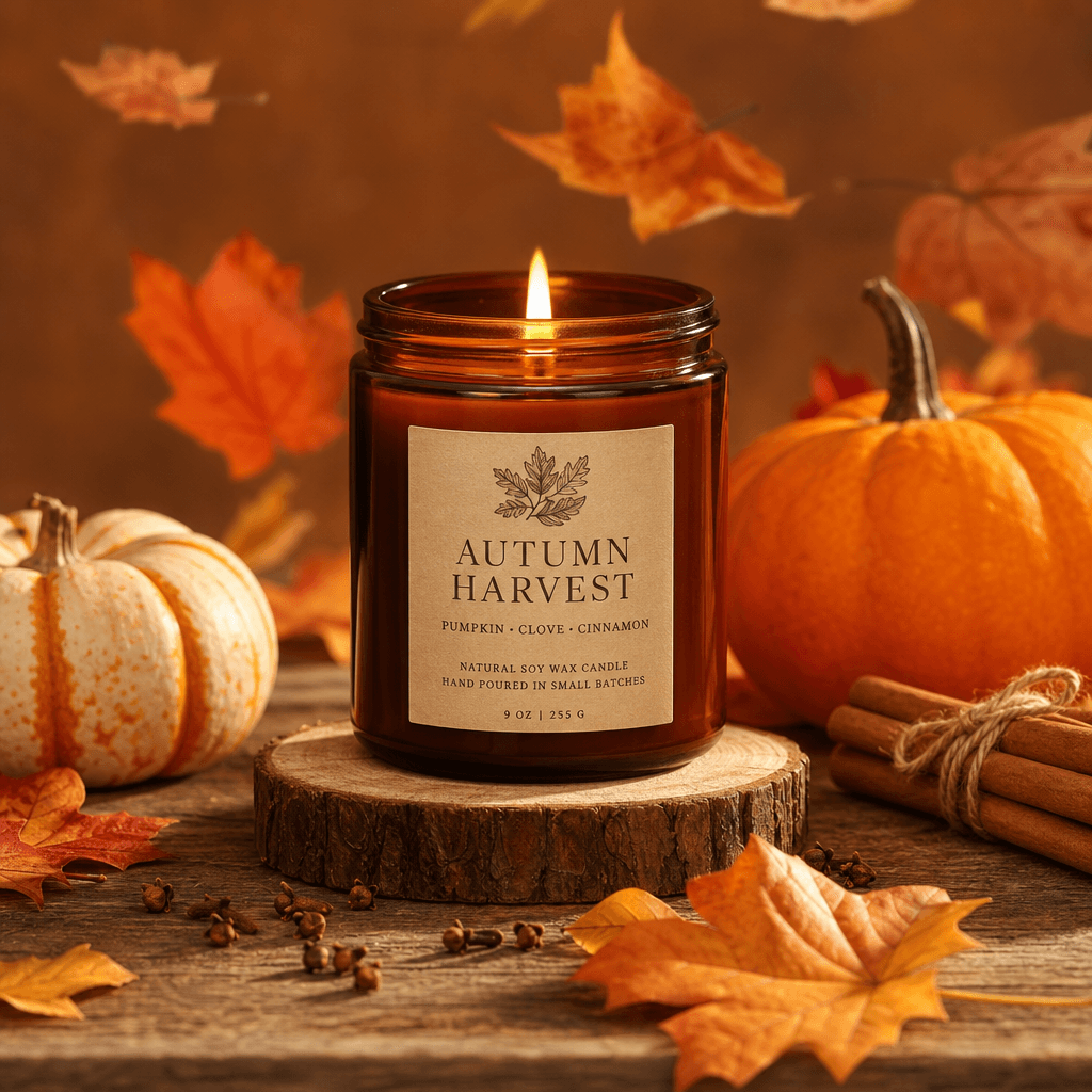 Autumn harvest seasonal product photo. Warm russet and golden tones, falling leaves, product on wooden surface. Professi
