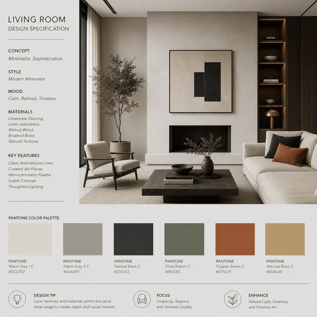Minimalist living room with curated Pantone color scheme, monochromatic sophistication with accent colors, professional