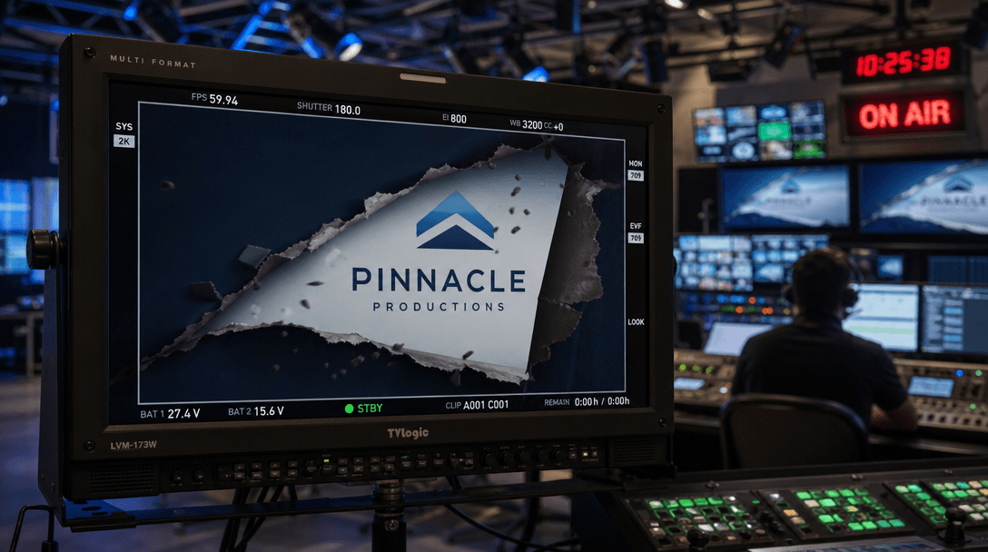 Professional broadcast monitor displaying logo tear reveal, production studio environment, technical workflow