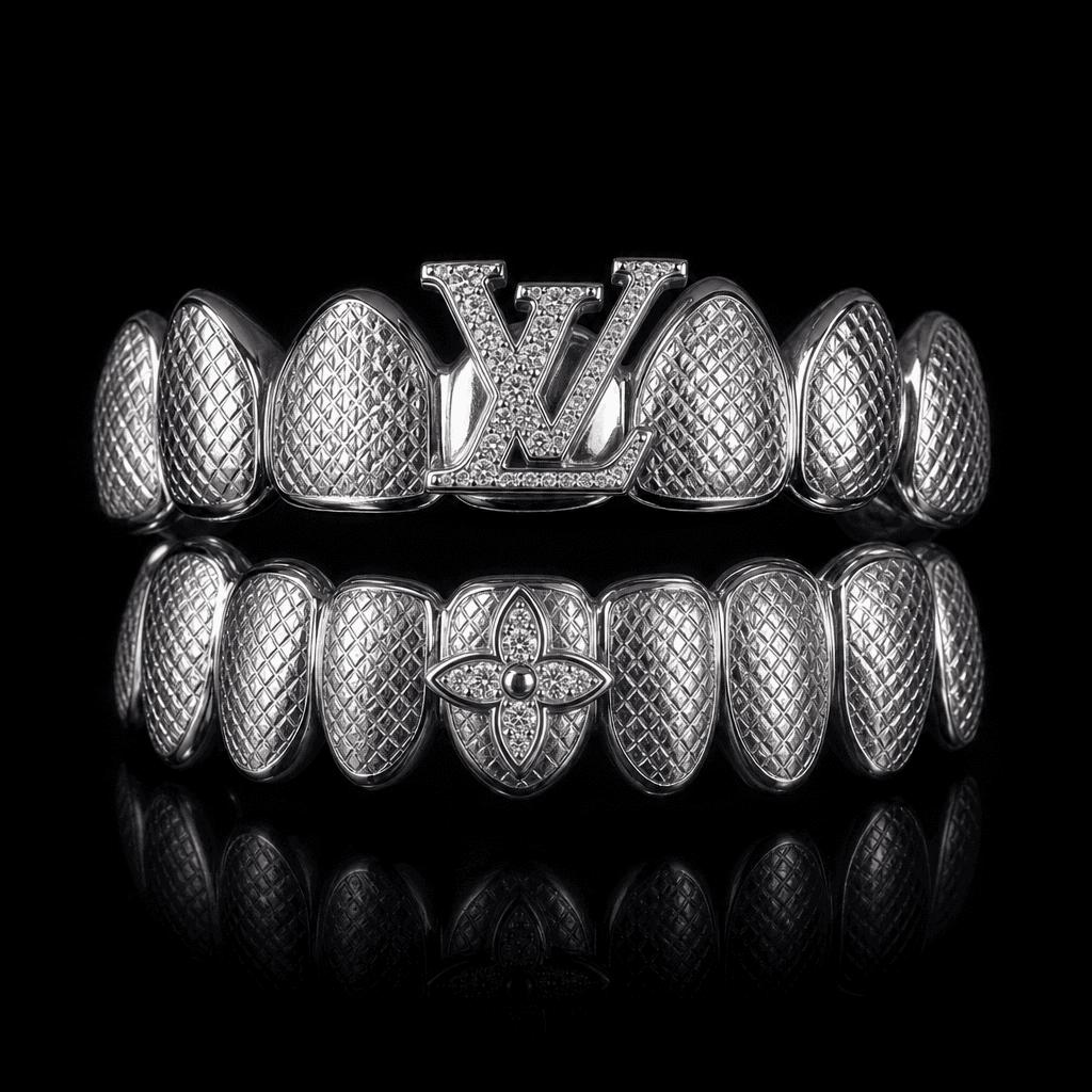 Silver custom grillz with brand logo integrated into design. Professional product shot on dark background. Bright metall