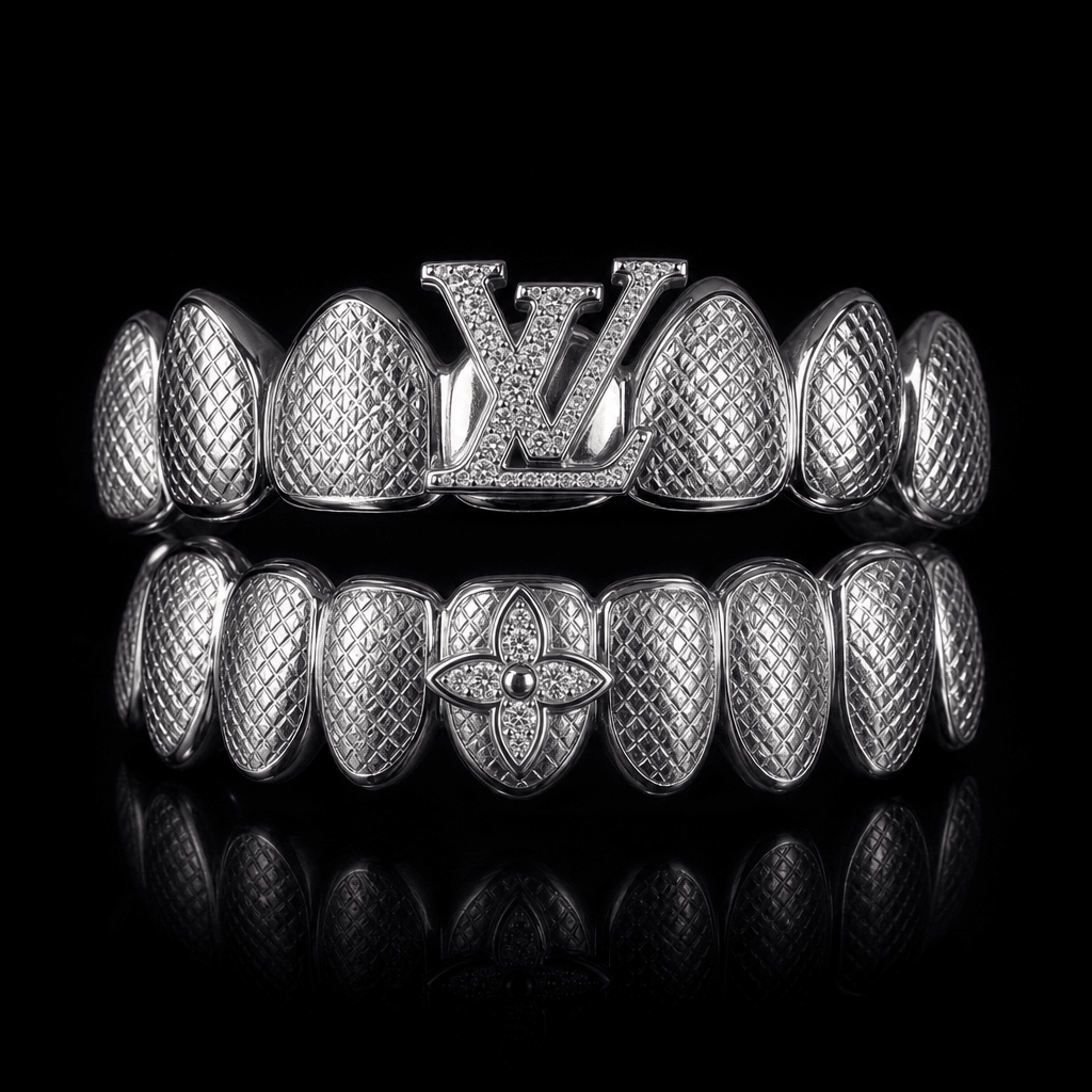 Silver custom grillz with brand logo integrated into design. Professional product shot on dark background. Bright metall