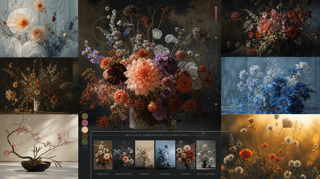 Abstract composition showing layered flower arrangements in different styles and dramatic lighting conditions, varied bo