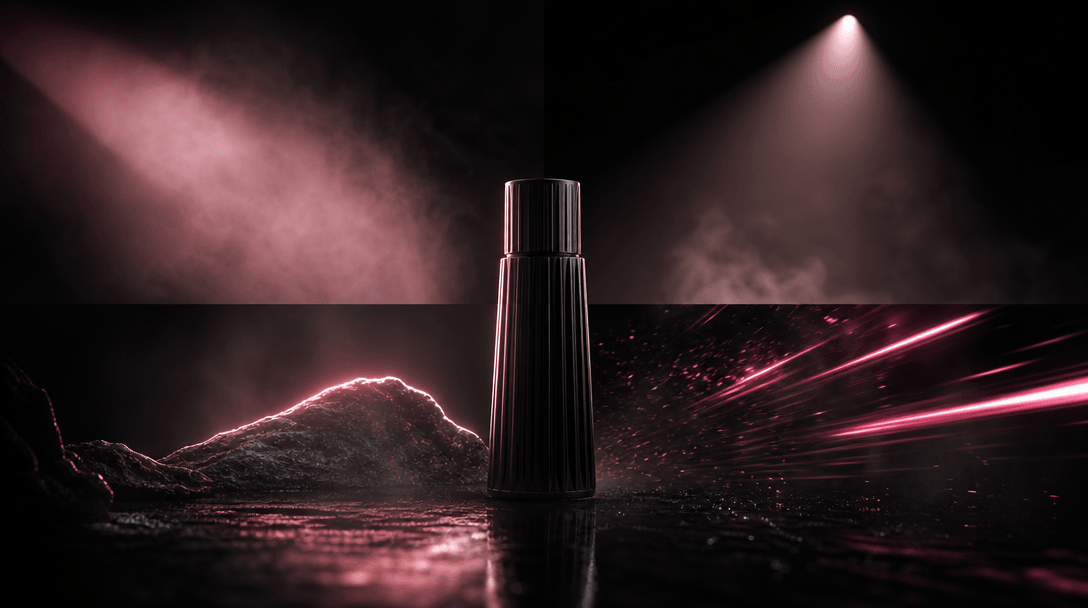 Four distinct cinematic light treatments converging around one central product: soft diffusion, hard spotlight, luminous