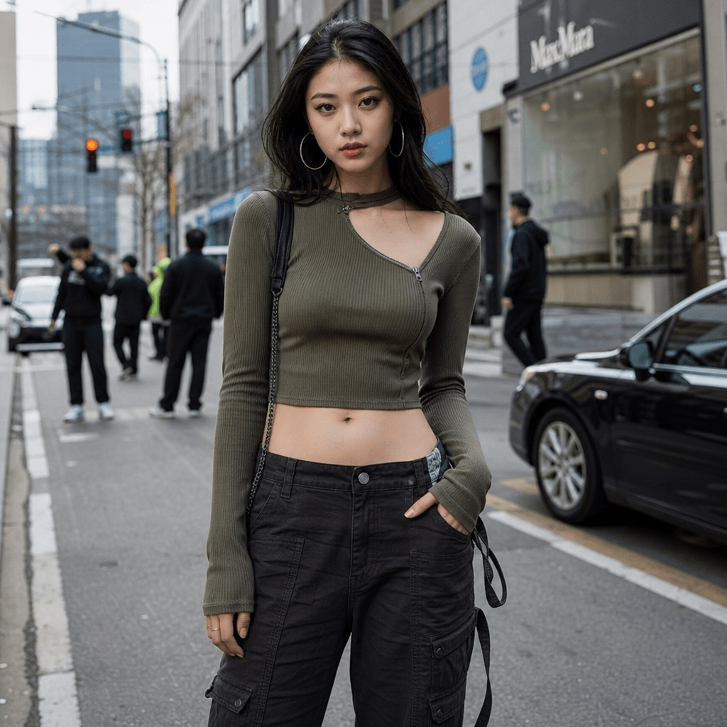 City photoshoot with different person in fashion-forward outfit. Urban street setting, natural daylight, cinematic color