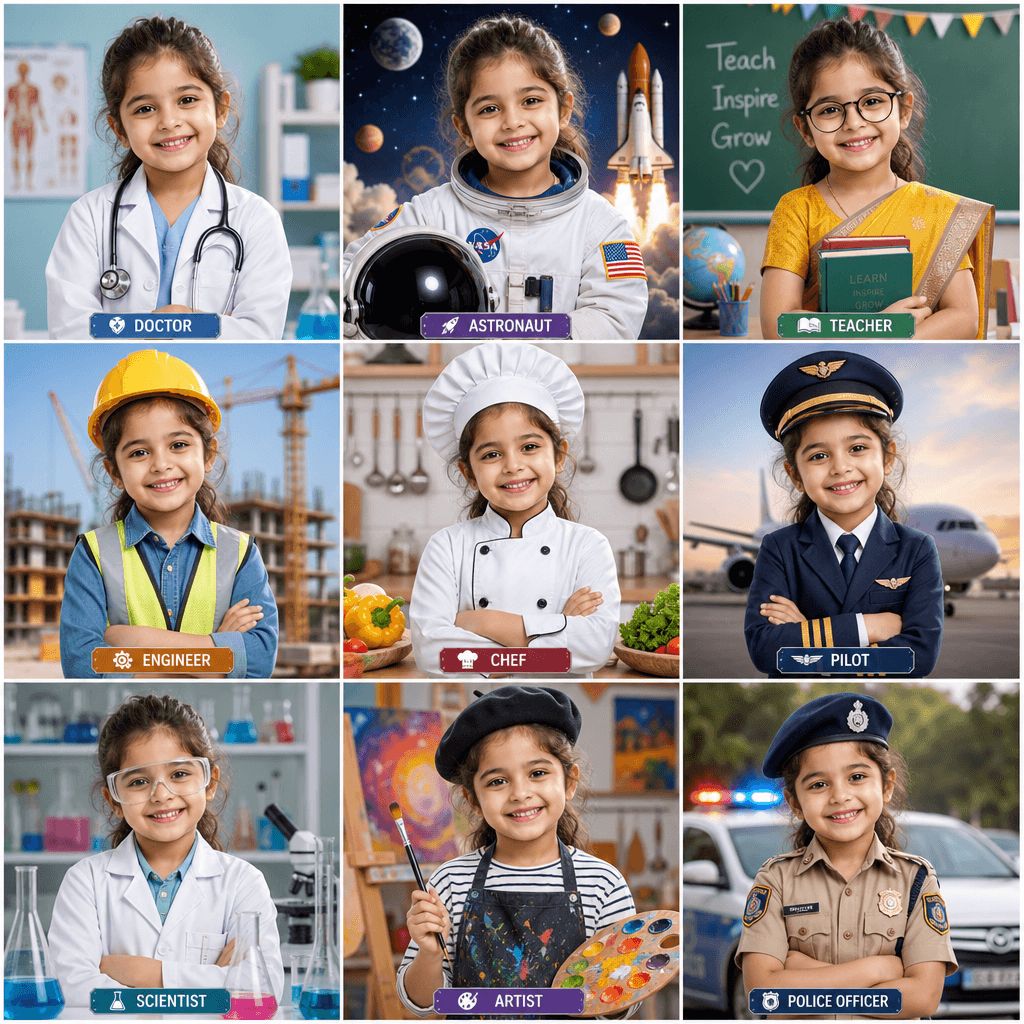 Beautiful 3×3 career grid with child's smiling face repeated identically across all nine cells, each showing different p
