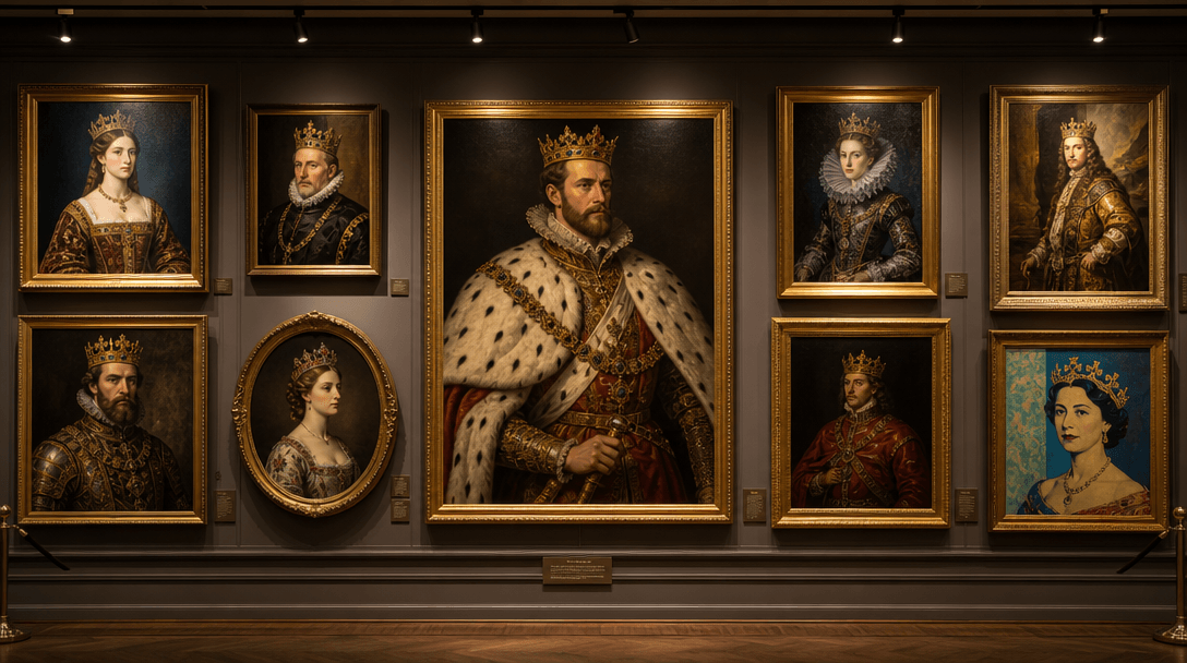Gallery wall with diverse royal portrait styles displayed, renaissance elegance and baroque grandeur, multiple portrait